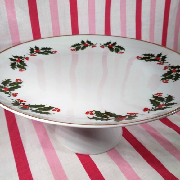 Beautiful Mid Century Holly Berry Ceramic Cake Plate Stand Holiday Server Japan - Picture 2 of 12